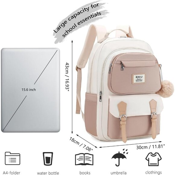 Girls Khaki Beige 15.6in Laptop Kids Backpack For Middle School College Students - Picture 5 of 7